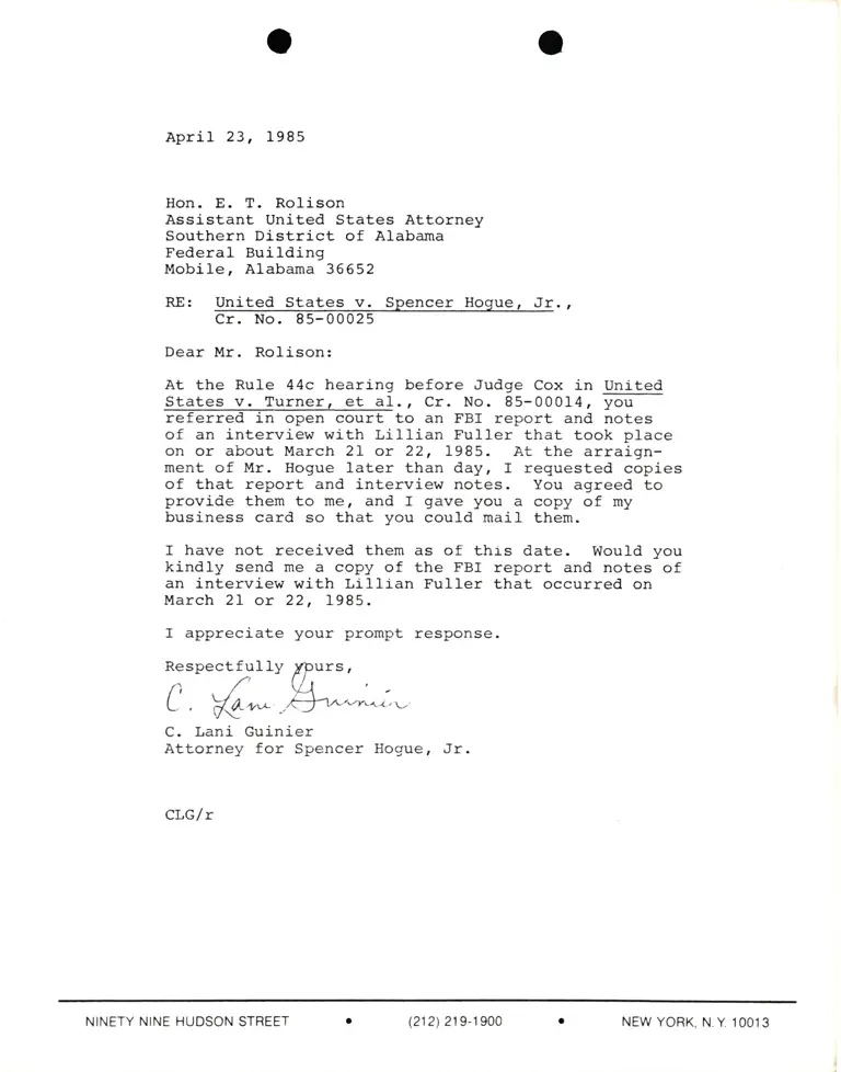 Correspondence from Lani Guinier to E.T. Rolison Re: United States v. Hogue preview