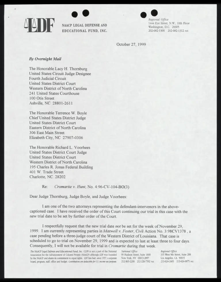 Letter to three judge panel from Cox RE Preference for trial date preview