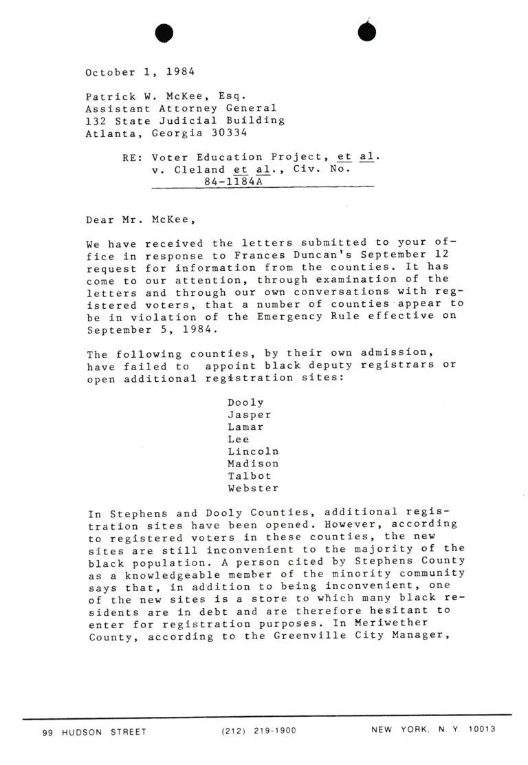 Letter from Lani Guinier to Patrick McKee RE Voter Education Project v. Cleland et al., preview