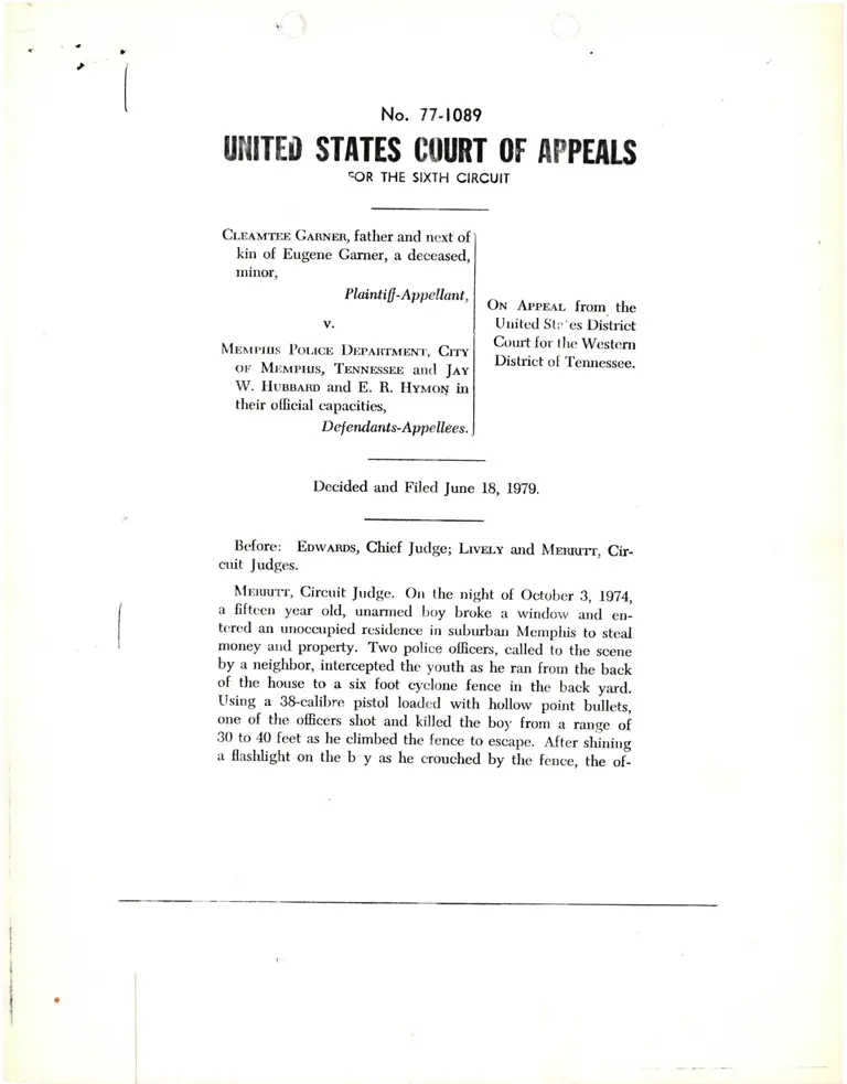 Decision and Filing of Garner v. Memphis Police preview