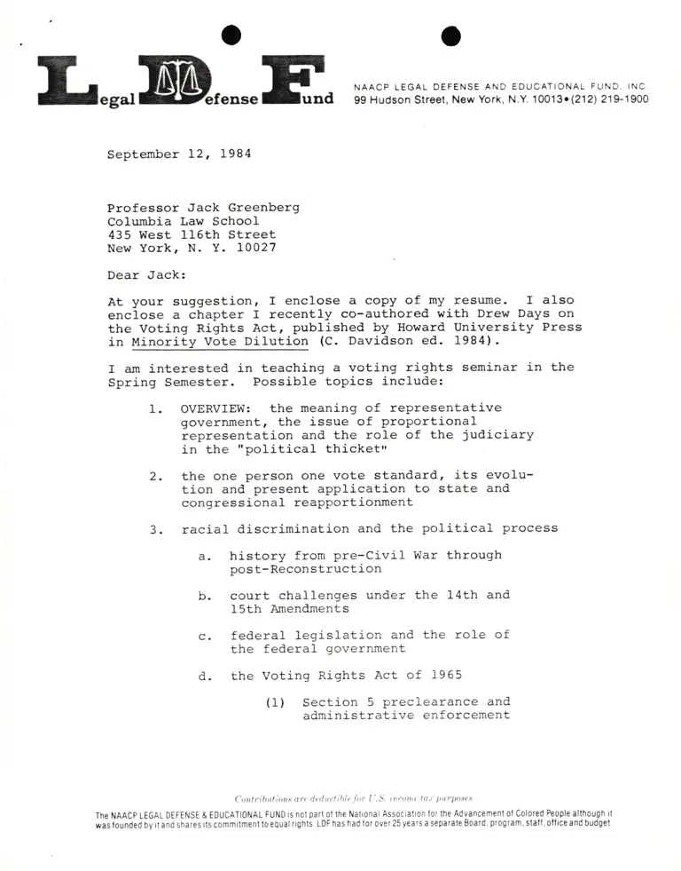 Letter from Lani Guinier to Jack Greenberg RE resume preview