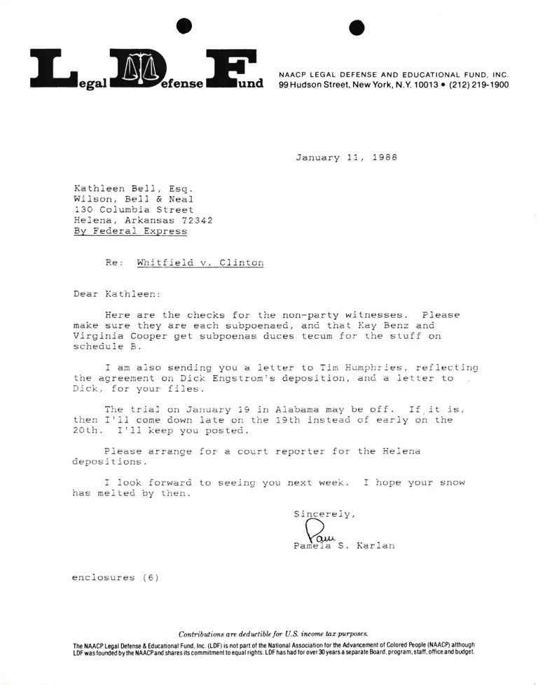 Correspondence from Pamela Karlan to Kathleen Bell Re Whitfield v. Clinton preview