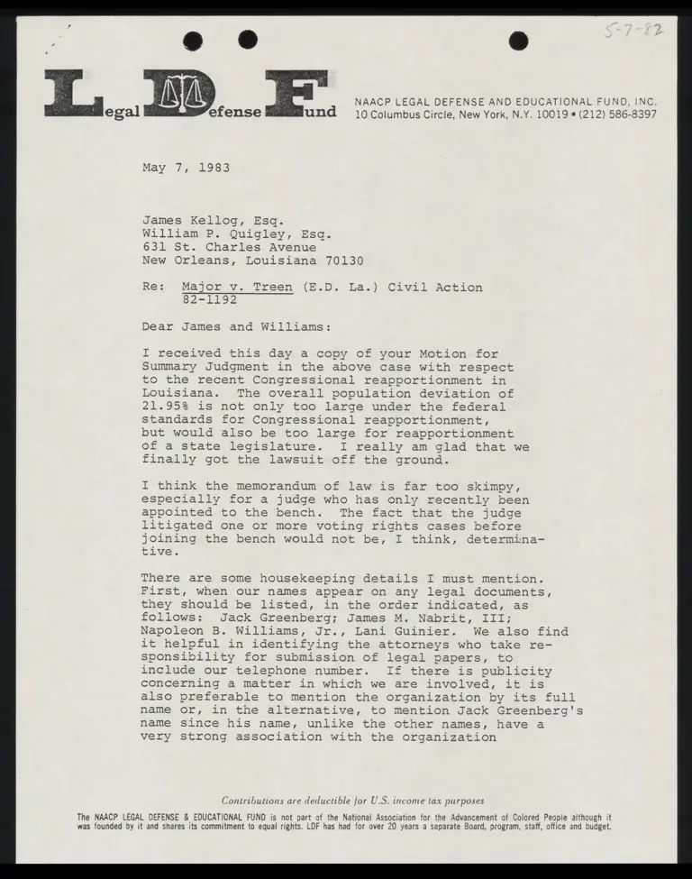 Letter to James Kellog from Napoleon Williams RE Mountain for Summary Judgment preview