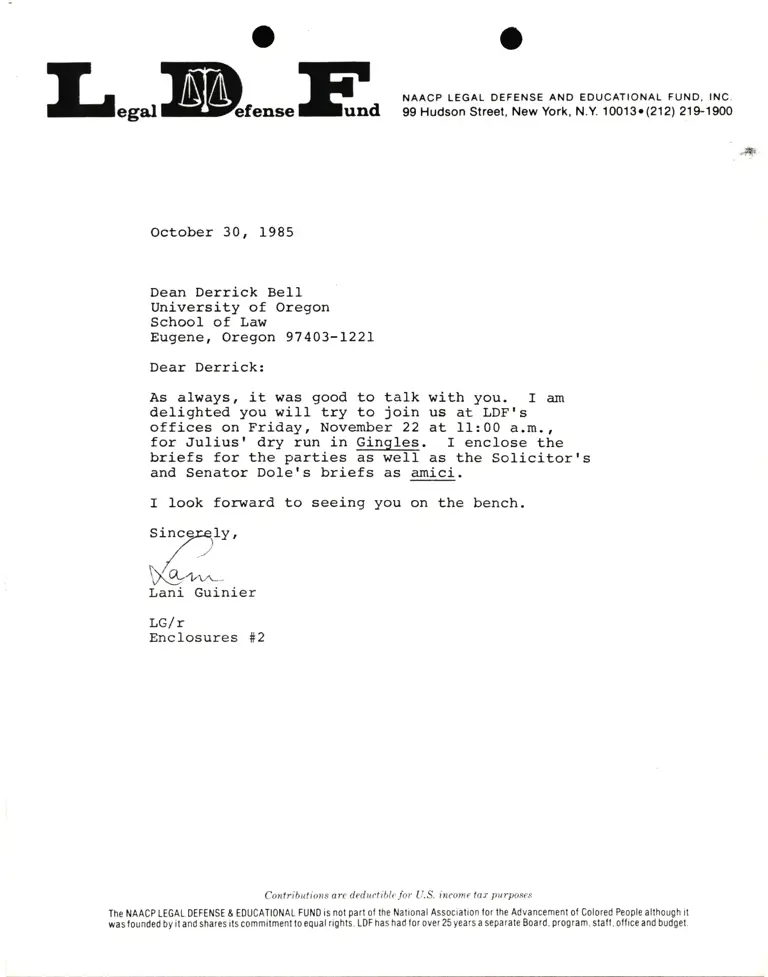 Correspondence from Lani Guinier to Derrick Bell (Dean, University of Oregon School of Law) preview