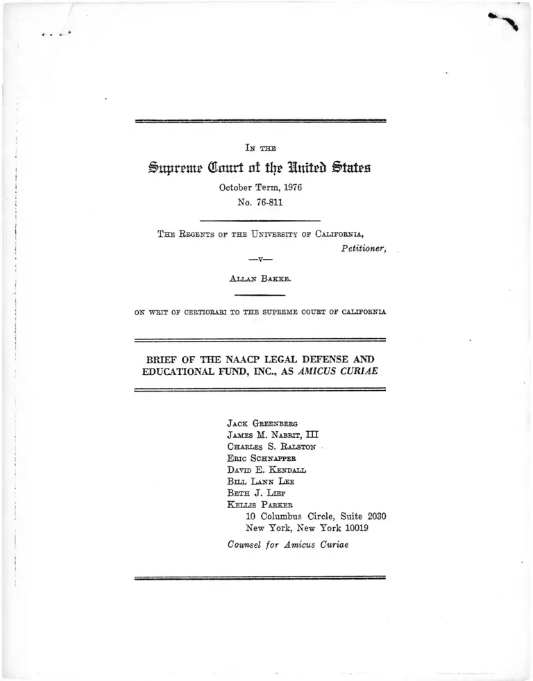 Regents of the University of California v. Bakke Brief Amicus Curiae preview