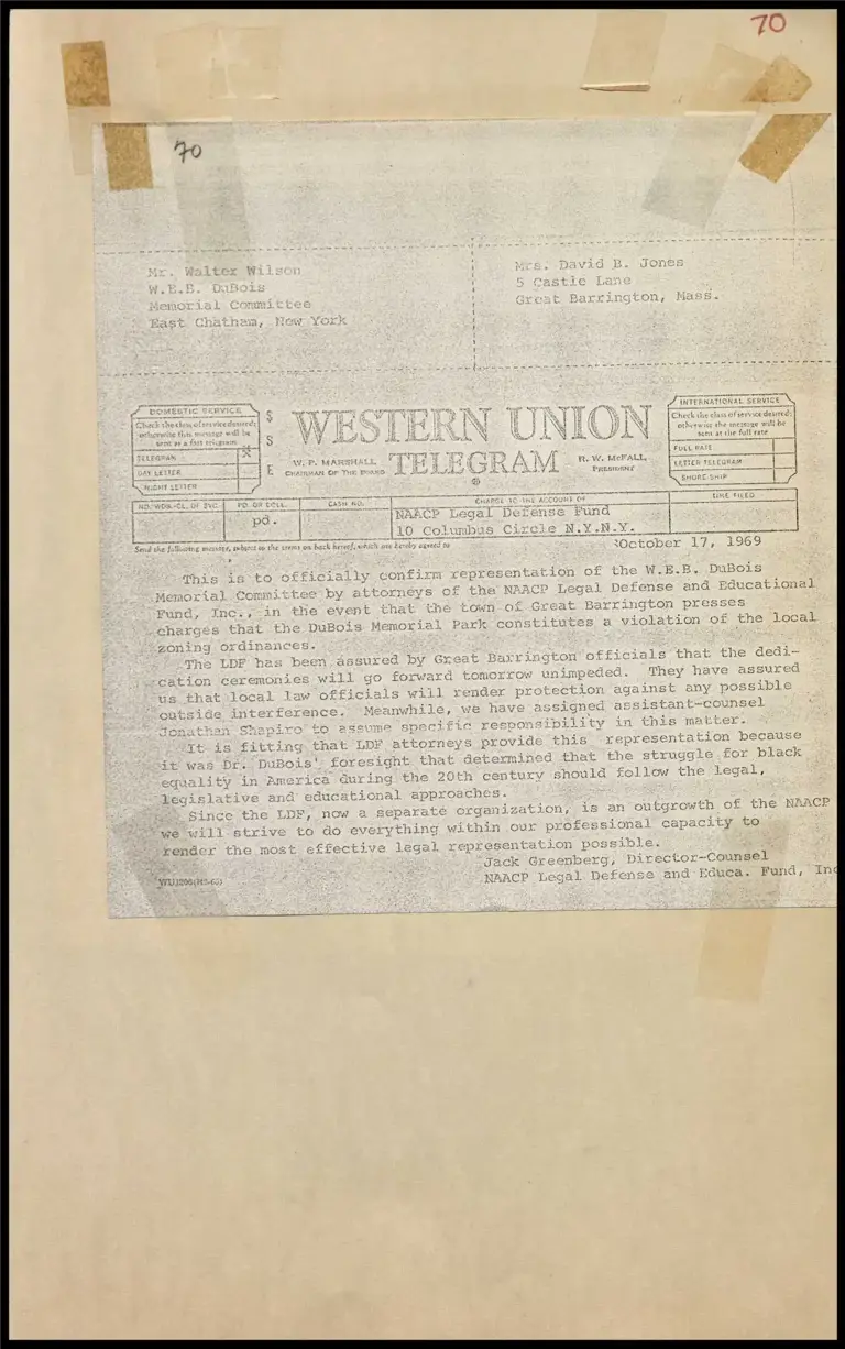 LDF to Represent W.E.B. DuBois Memorial Committee Against City of Great Barrington (Telegram); Novak v. Beto Class Action Suit (Telegram) preview