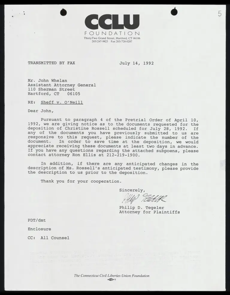 Correspondence from Tegeler to Whelan with Deposition Subpoena for Christine Rossell preview