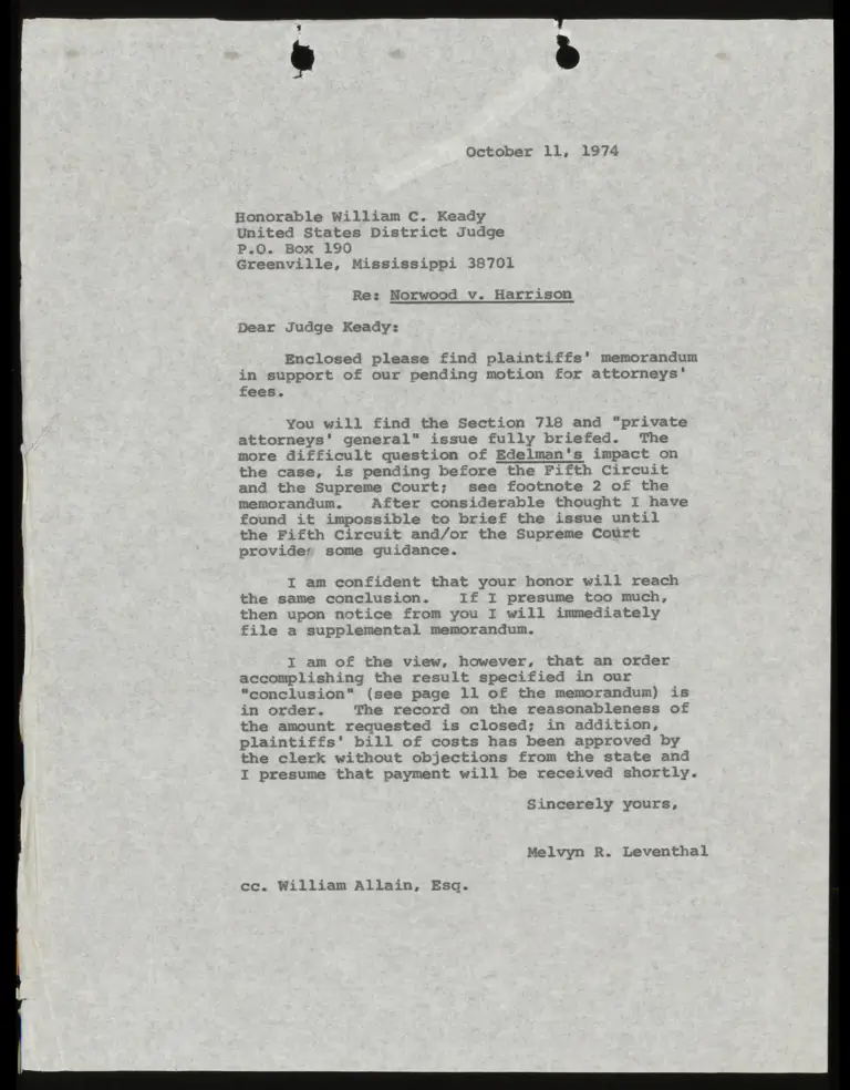 Correspondence from Leventhal to Judge Keady; Memorandum in Support of Counsel Fees preview