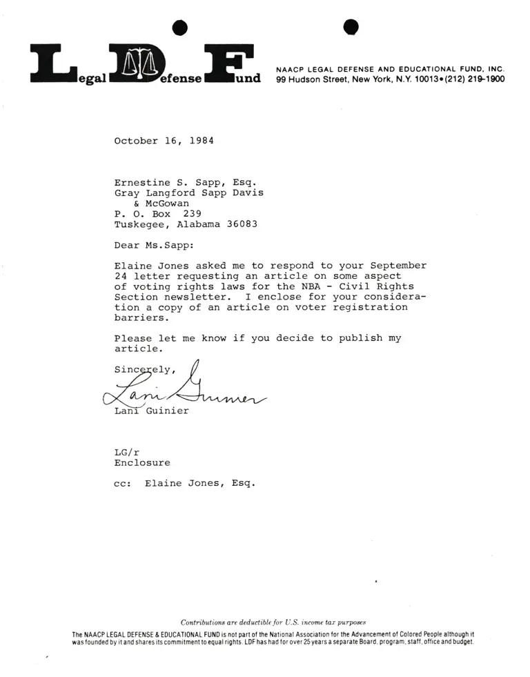 Letter from Lani Guinier to Ernestine Sapp RE voting rights article preview