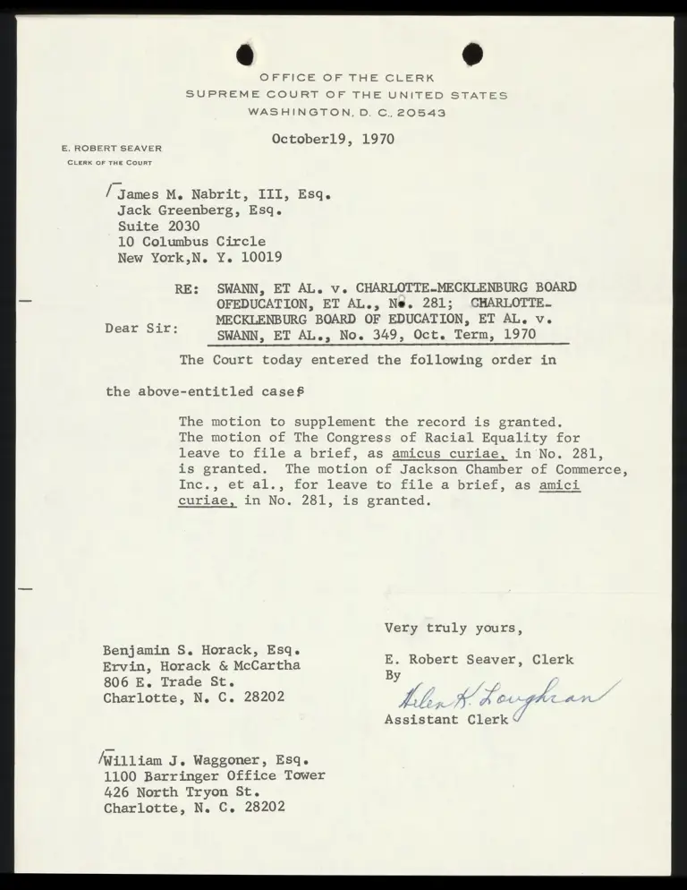 Correspondence from Clerk to Nabrit and Greenberg Re: Motion to Supplement Record preview