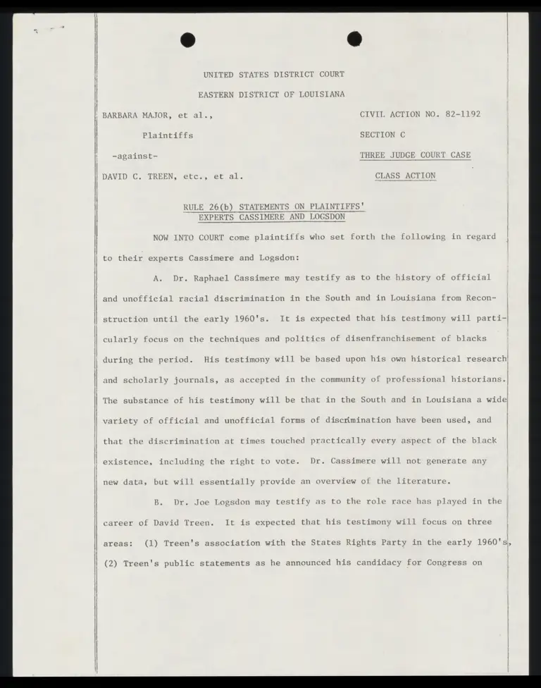 Rule 26(b) Statements on Plaintiffs Experts Cassimere and Logsdon preview