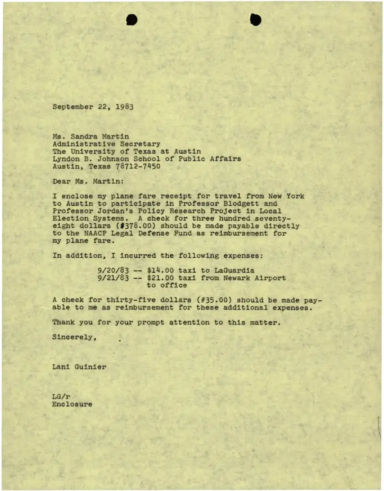Correspondence from Lani Guinier to Sandra Martin (University of Texas at Austin School of Public Affairs) preview