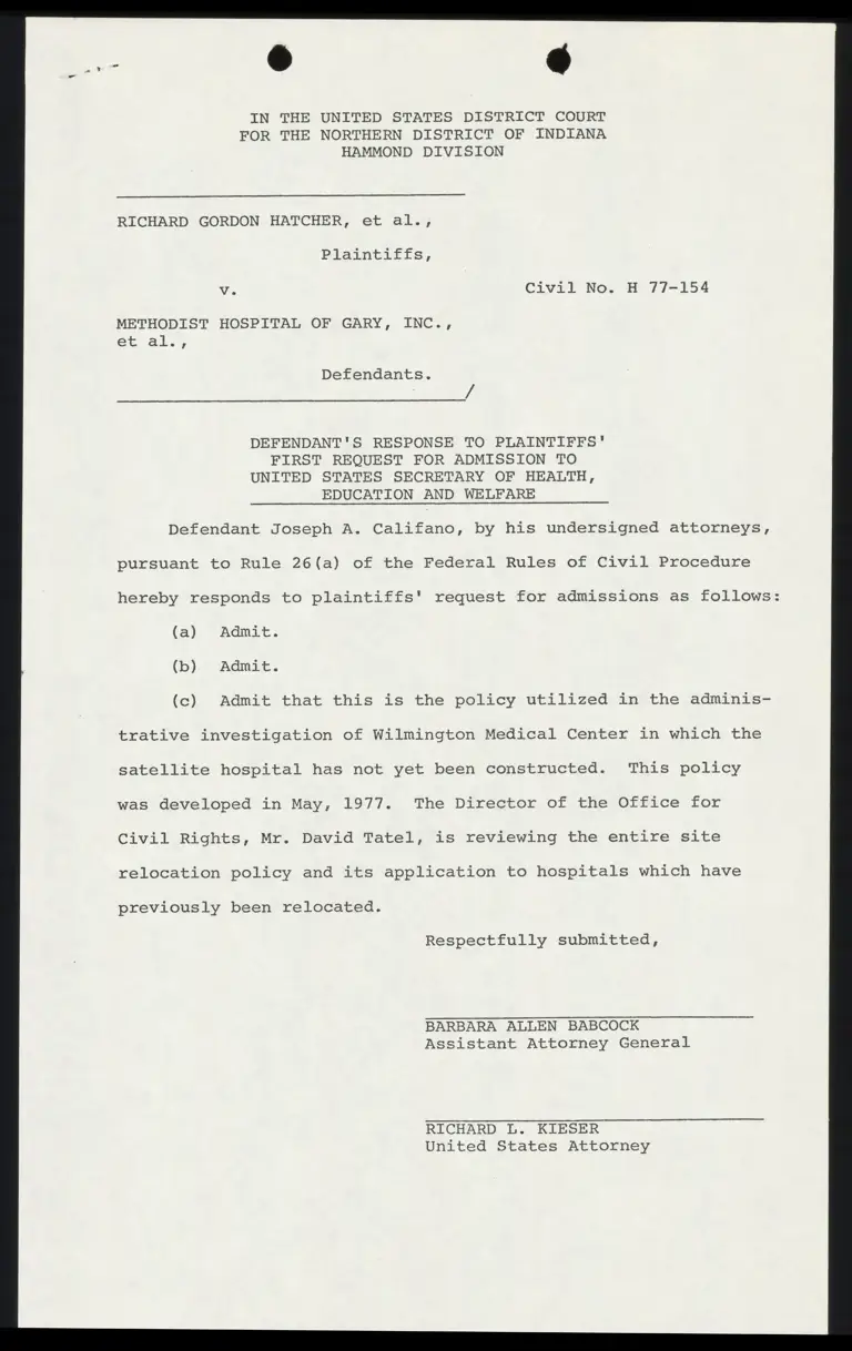Defendant's Response to Plaintiffs' First Request for Admission to US Secretary of Health Education and Welfare preview