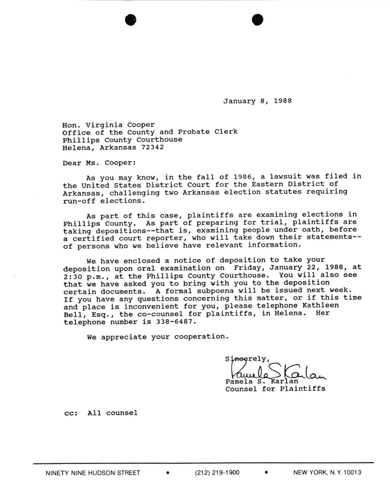 Correspondence from Pamela Karlan to Virginia Cooper Re Whitfield v. Clinton preview