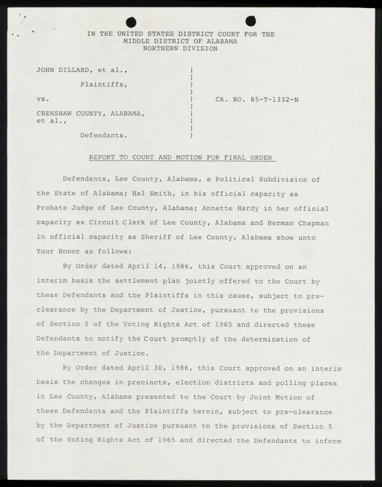 Report to Court and Motion for Final Order; Correspondence from Reynolds to Samford preview