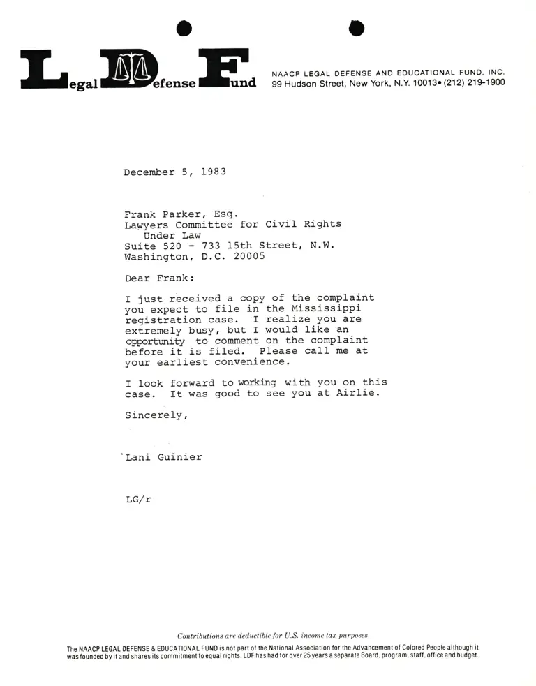 Correspondence from Lani Guinier to Frank Parker(Lawyers Committee for Civil Rights Under Law) preview