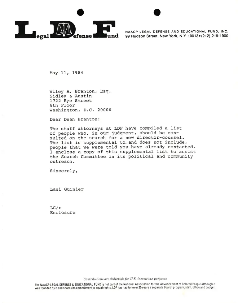 Letter from Lani Guinier to Wiley A. Branton, Esg. RE: Suggested Candidates for Director Counsel preview
