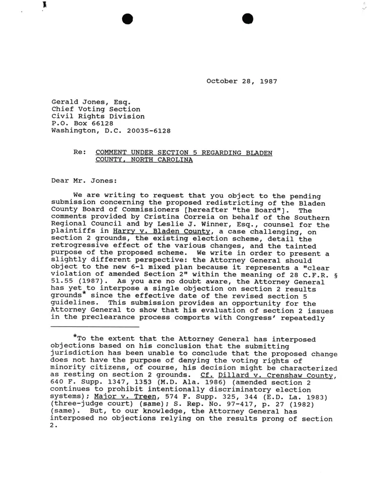 Correspondence from Pamela Karlan to Gerald Jones, Esq. Re Comment Under Section 5 Regarding Bladen County, North Carolina preview