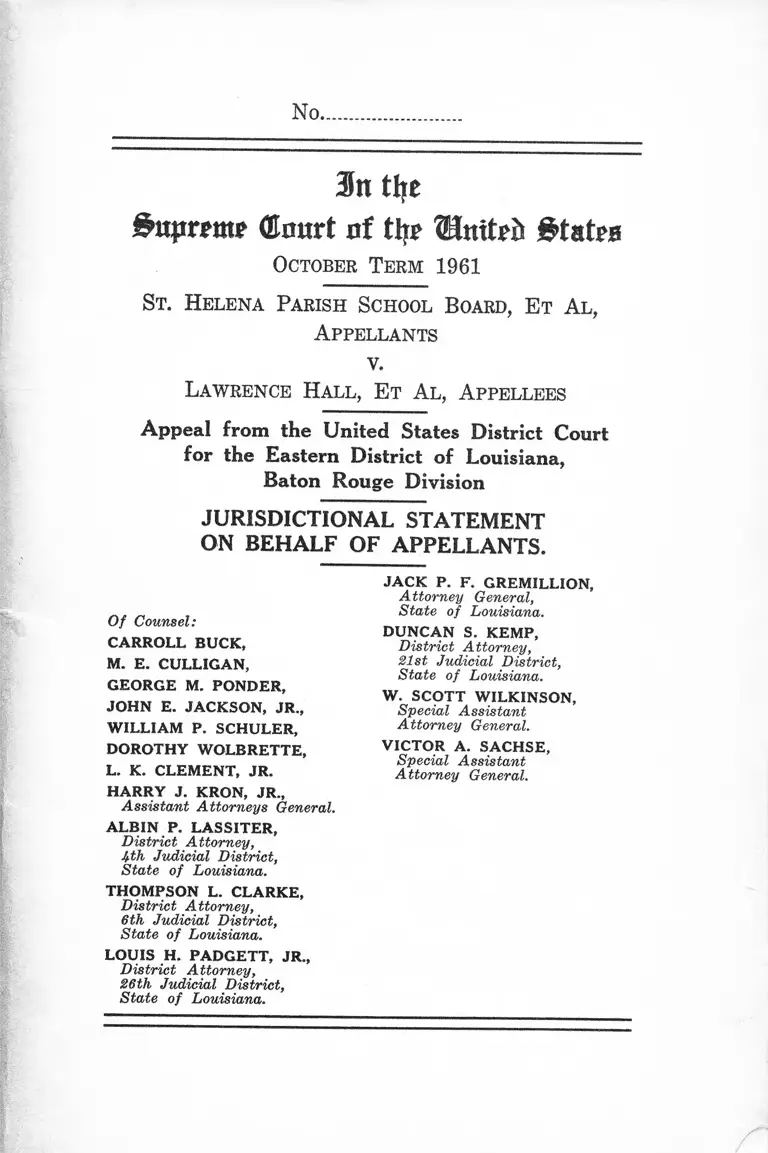 St. Helena Parish School Board v. Hall Jurisdictional Statement on Behalf of Appellants preview