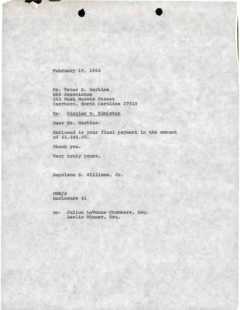 Correspondence from Williams to Harkins; Checks for Special Research preview