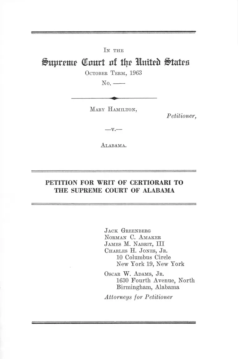 Hamilton v. Alabama Petition for Writ of Certiorari tothe Supreme Court of Alabama preview