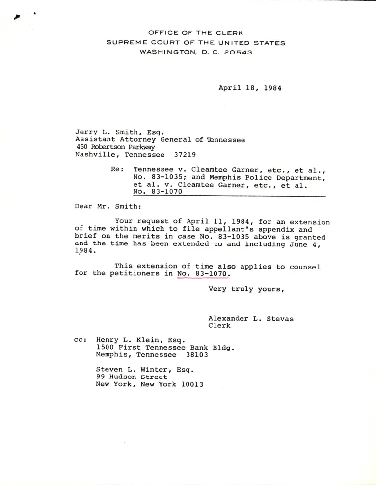 Correspondence from Clerk to Smith Re: Request for Extension Granted preview