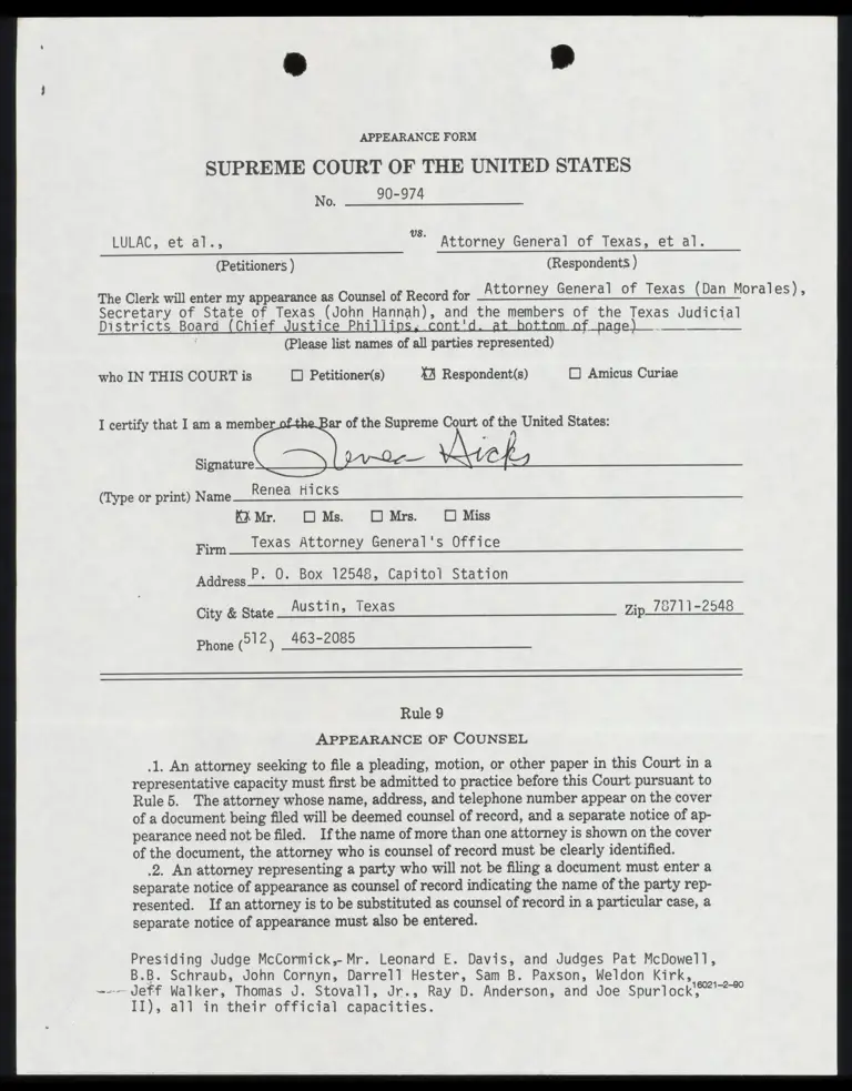 Appearance Form for Texas State Officials preview