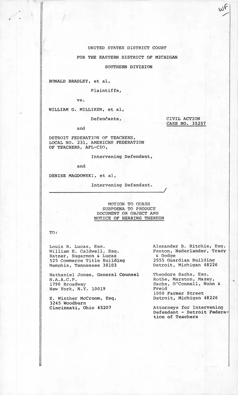 Motion to Quash Subpoena to Produce Document or Object and Notice of Hearing Thereon preview