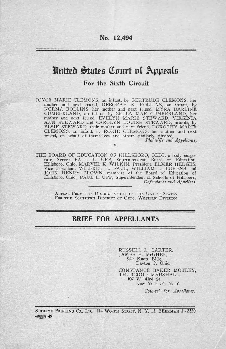 Clemons v. Hillsboro, OH Board of Education Brief for Appellants (No. 12,494) preview