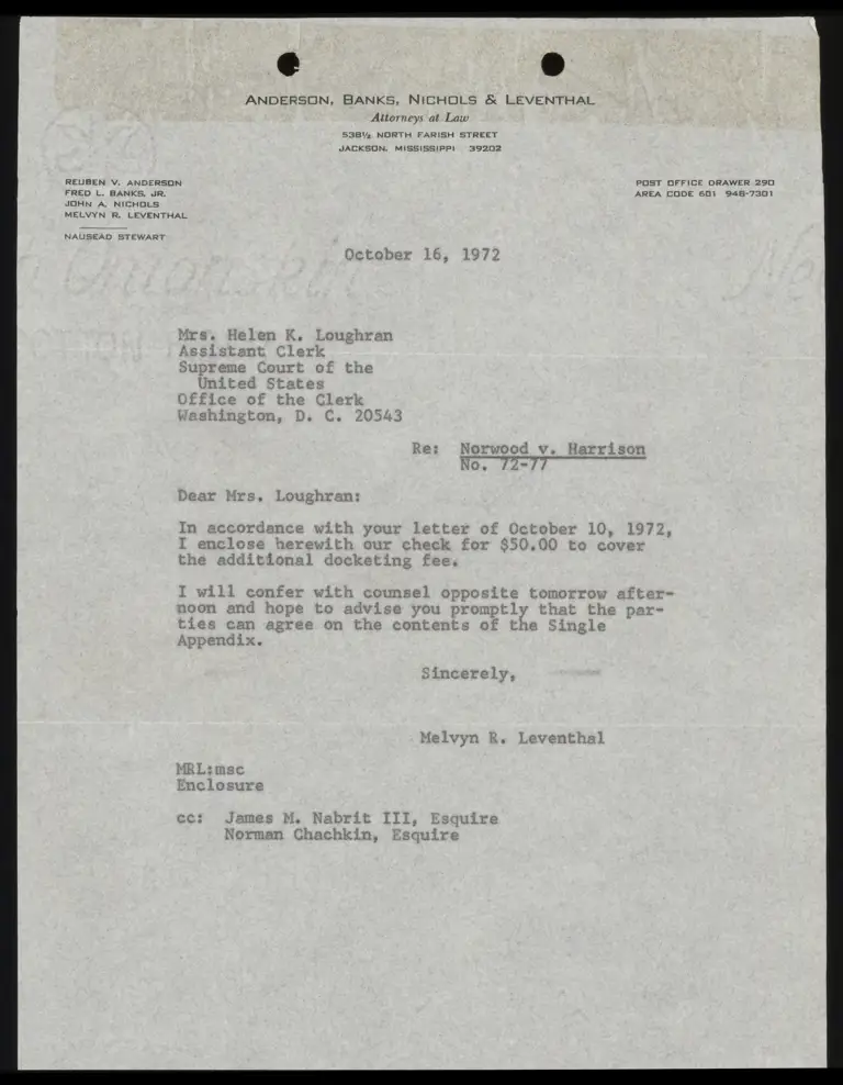 Correspondence from Leventhal to Clerk Re: Docketing fee and single appendix preview