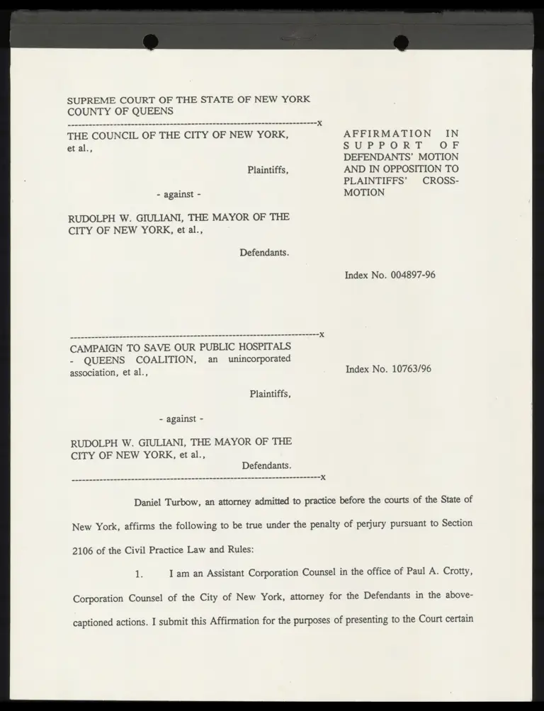 Affirmation in Support of Defendants' Motion and in Opposition to Plaintiffs' Cross-Motion preview