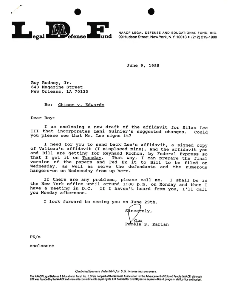 Correspondence from Pamela Karlan to Roy Rodney, Jr. Re Chisom v. Edwards; Affidavit of Silas Lee, III preview