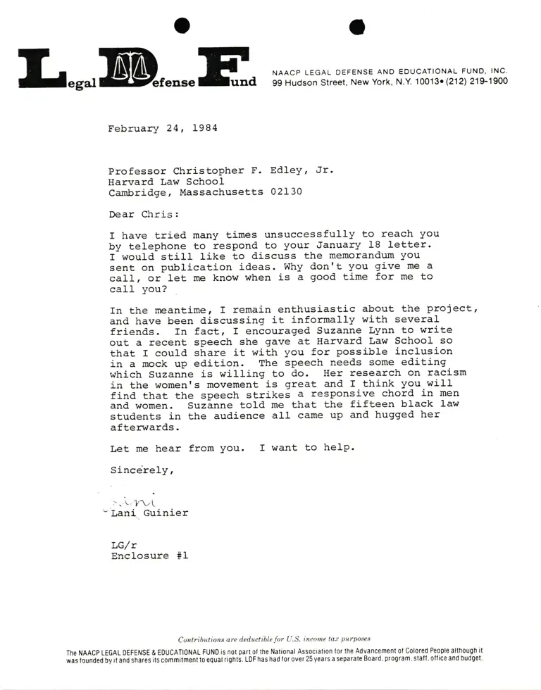 Letter from Lani Guinier to Professor Christopher F. Edley, Jr. Re: Publication ideas preview