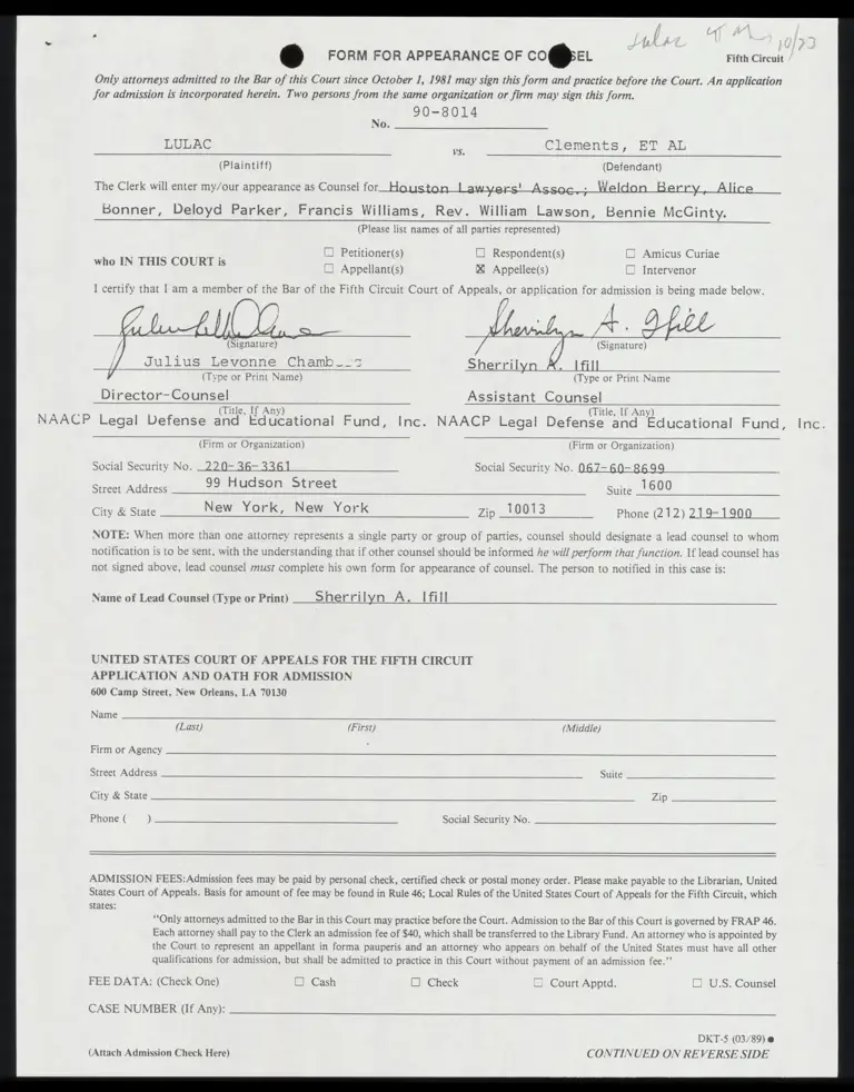 Appearance Form for Julius Chambers and Sherrilyn Ifill preview