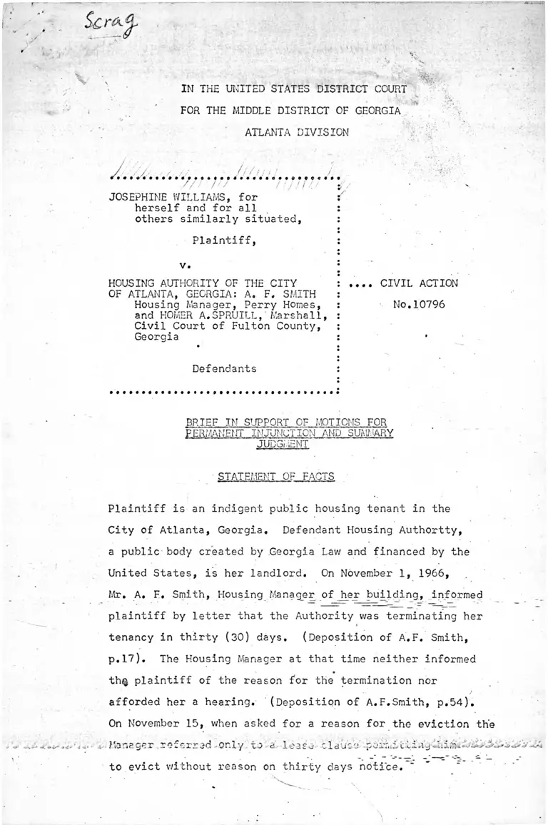 Williams v. Housing Authority of the City of Atlanta, Georgia Brief in Support of Motions for Permanent Injunction and Summary preview