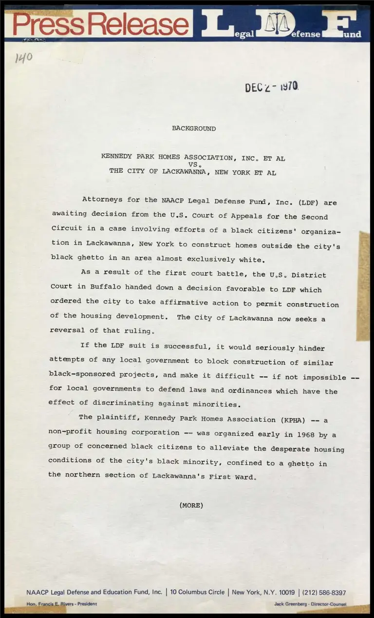 Background on the Kennedy Park Homes Association, Inc. et al. v. The City of Lackawanna, New York et al. preview