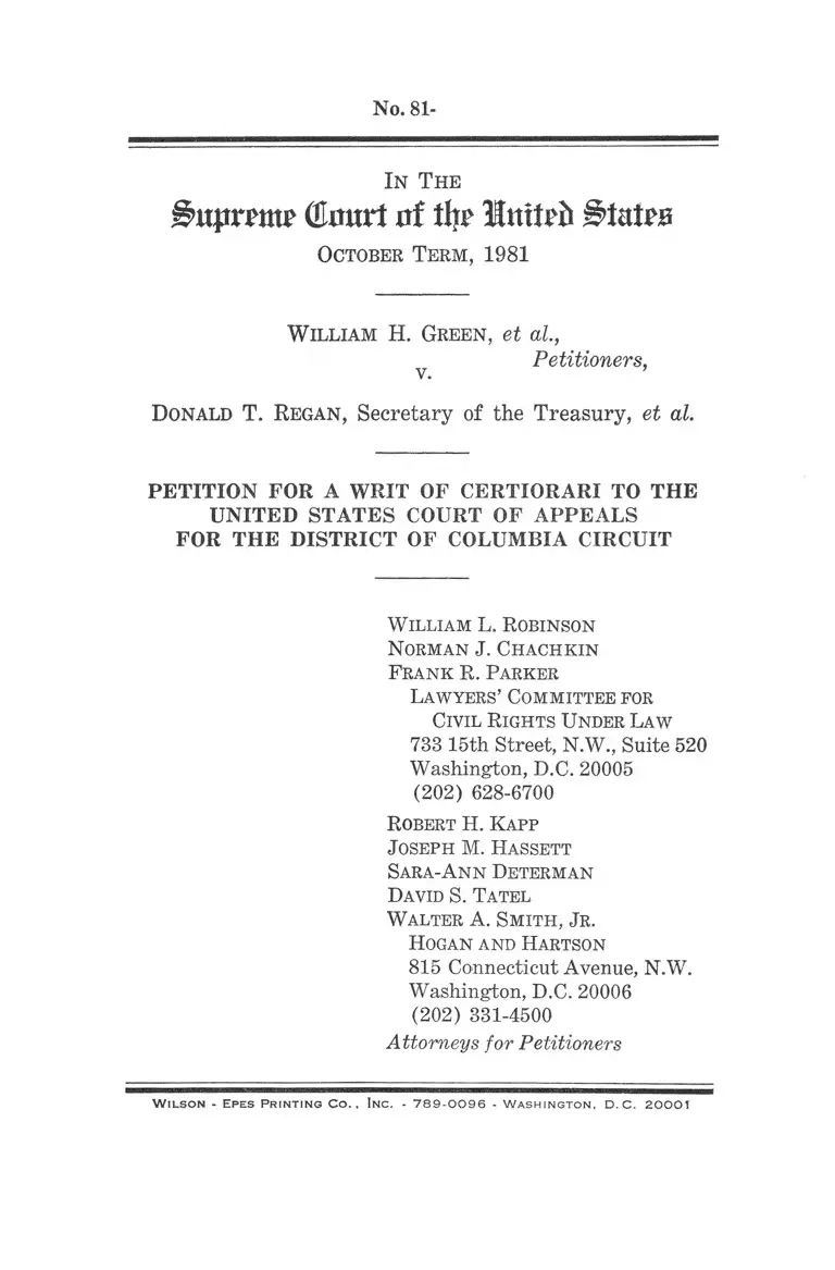 Green v. Regan Petition for a Writ of Certiorari to the US Court of Appeals for the DC Circuit preview