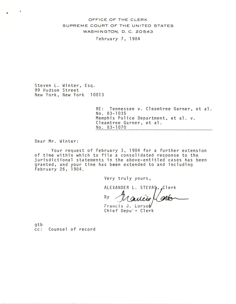 Correspondence from Clerk to Winter Re Request for Extension preview