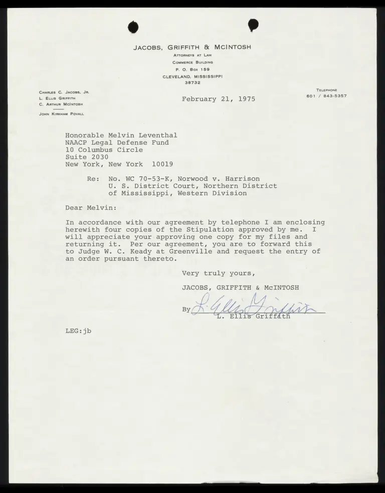 Correspondence from Grifith to Leventhal Re: Stipulation preview