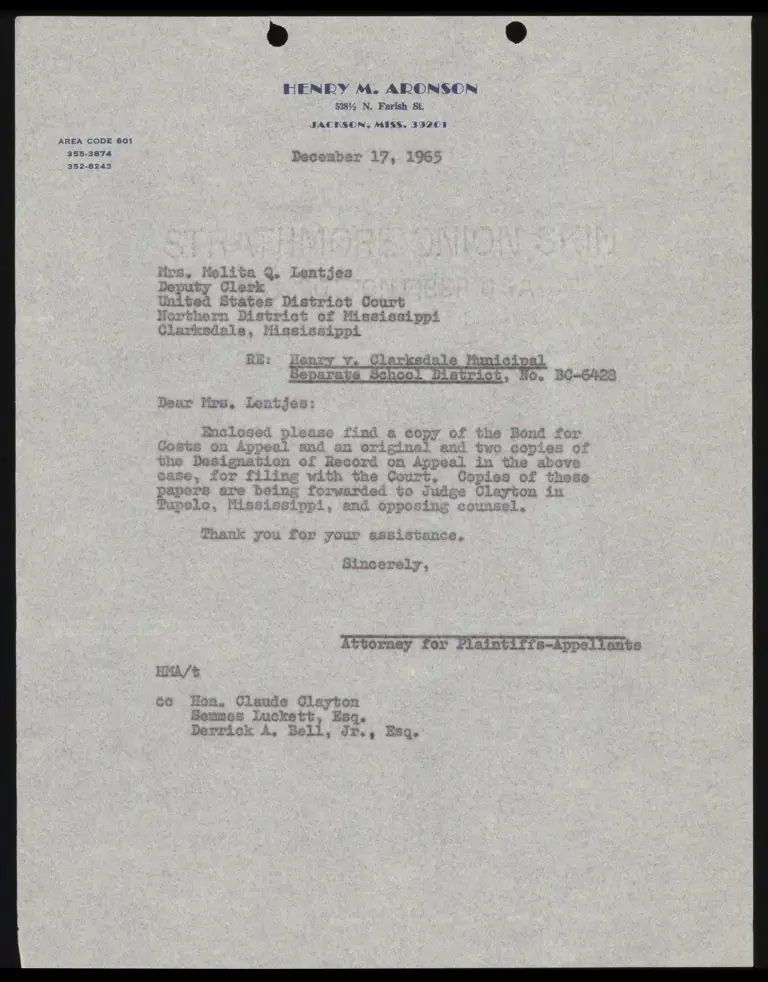 Correspondence from Aronson to Clerk Re: Bond for Costs and Designation of Record preview