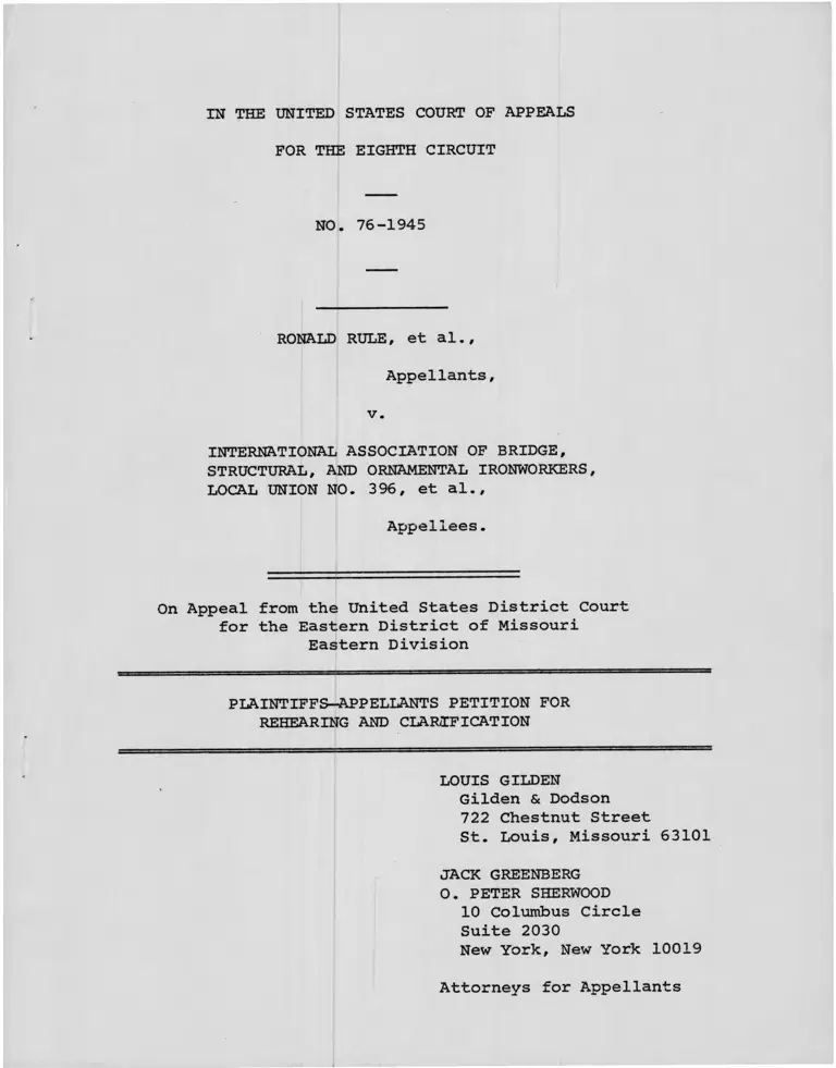 Rule v. International Association of Bridge, Structural, and Ornamental Ironworkers Plaintiffs Appellants Petition for Rehearing and Clarification preview