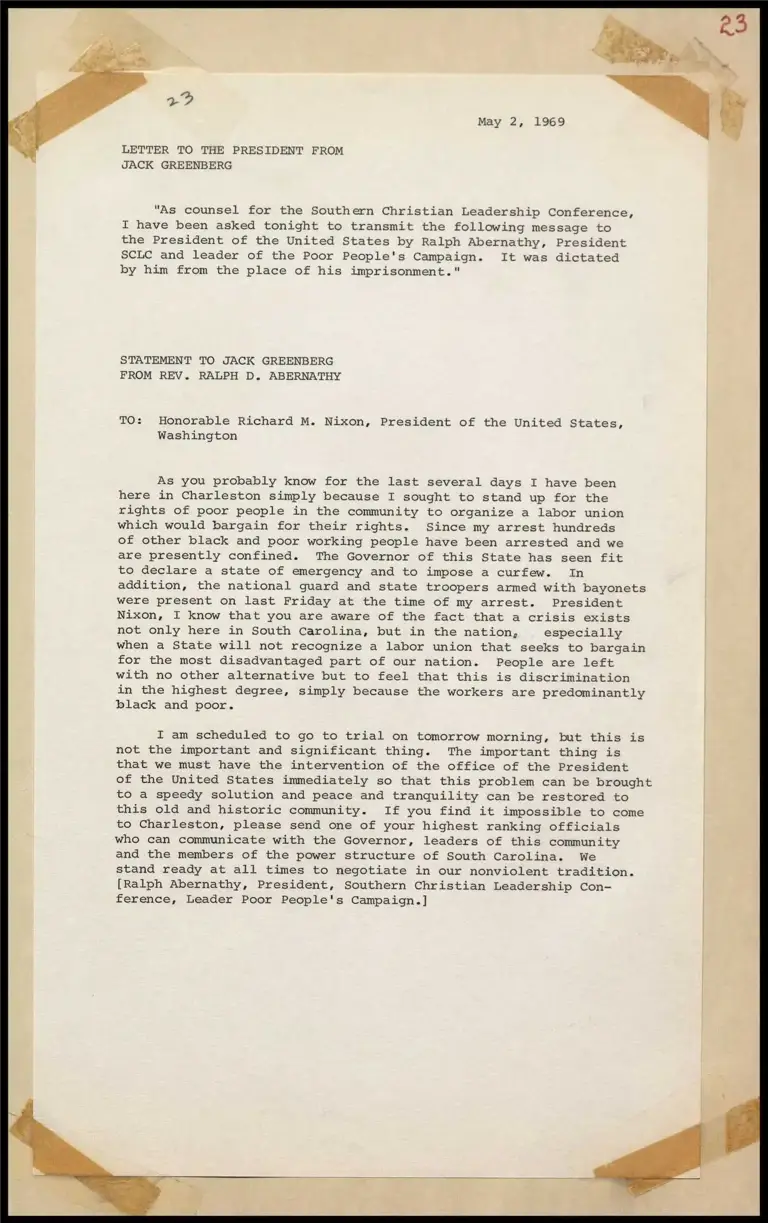 Letter to the President from Greenberg and Abernathy Statement to Greenberg on Abernathy's Arrest and Trial preview