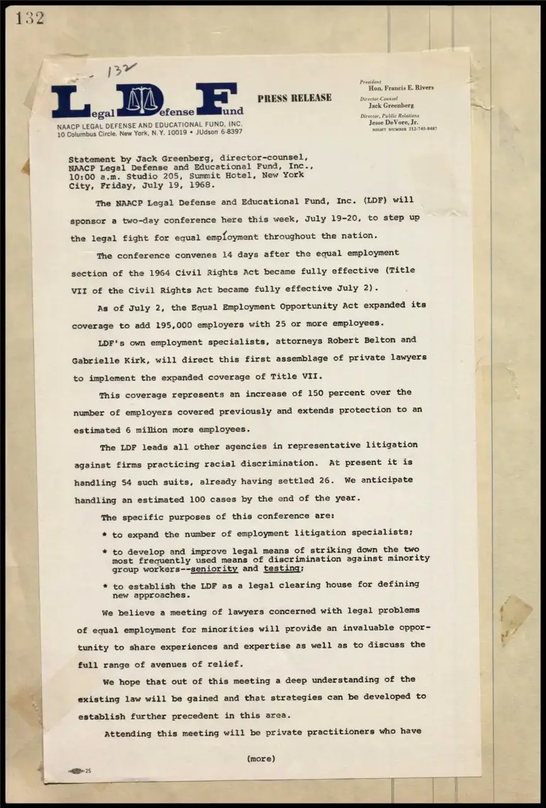 Greenberg Statement on Equal Employment Conference; Low Income Housing Zoning Suit in Detroit, Mich. (Telegram) preview