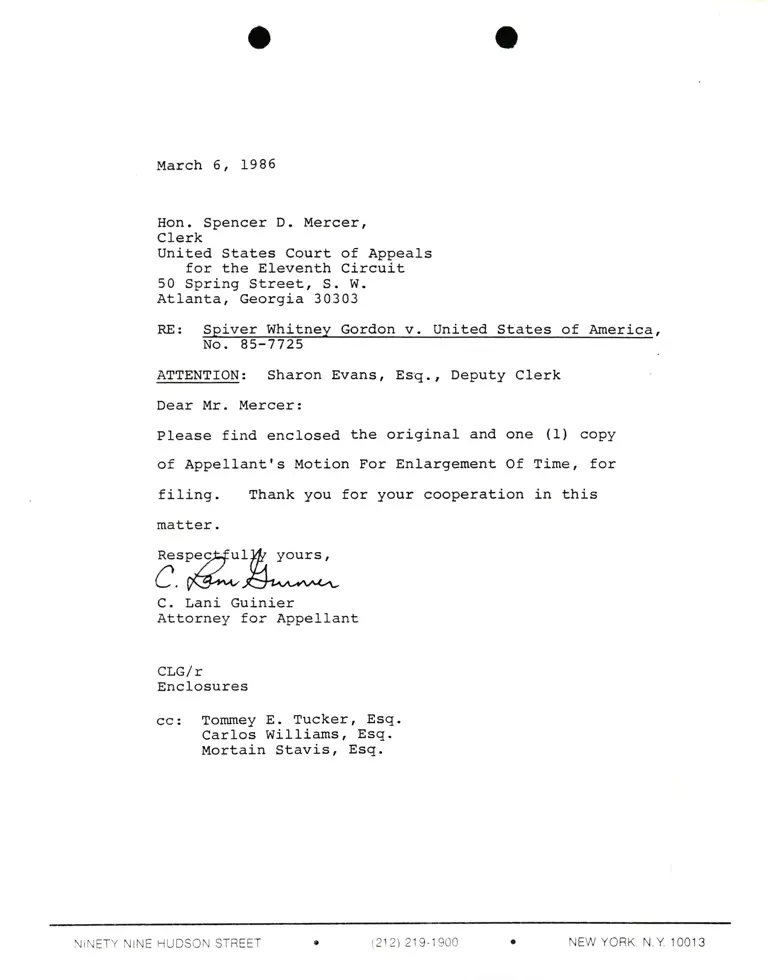 Correspondence from Lani Guinier to Spencer D. Mercer (Clerk) Re: Spiver Gordon v. United States preview