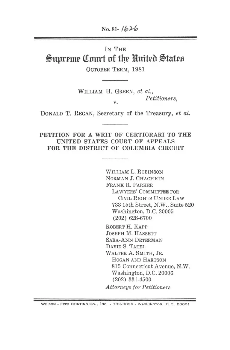 Green v. Regan Petition for a Writ of Certiorari to the US Court of Appeals for the DC Circuit preview