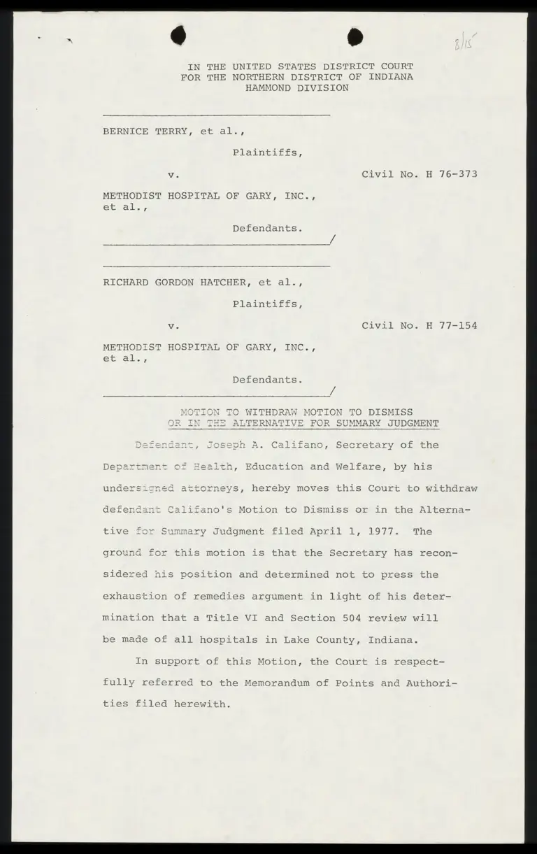 Motion to Withdraw Motion to Dismiss Or In The Alternative For Summary Judgment preview