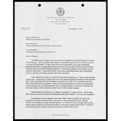 Copy of Letter to Boards of HHC, Coney Island Hospital and Univ. Group Medical Assoc. RE: Postponement of Board Vote preview