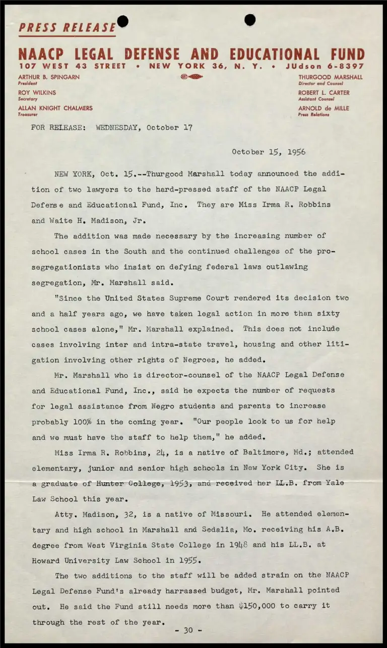 New York, Oct 15.-- Thurgood Marshall… preview