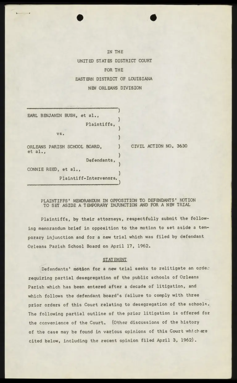 Plaintiffs' Memorandum in Opposition to Defendants' Motion to Set Aside a Temporary Injunction and For a New Trial preview