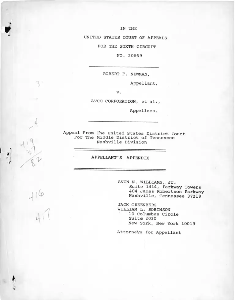 Newman v. Avco Corporation Appellant's Appendix preview